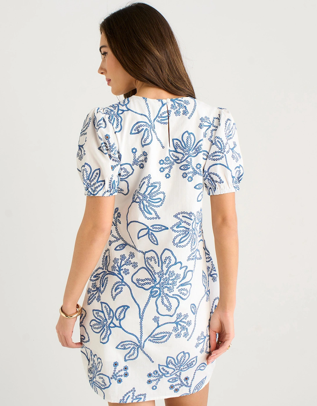 White & Blue Floral Print Mini Dress