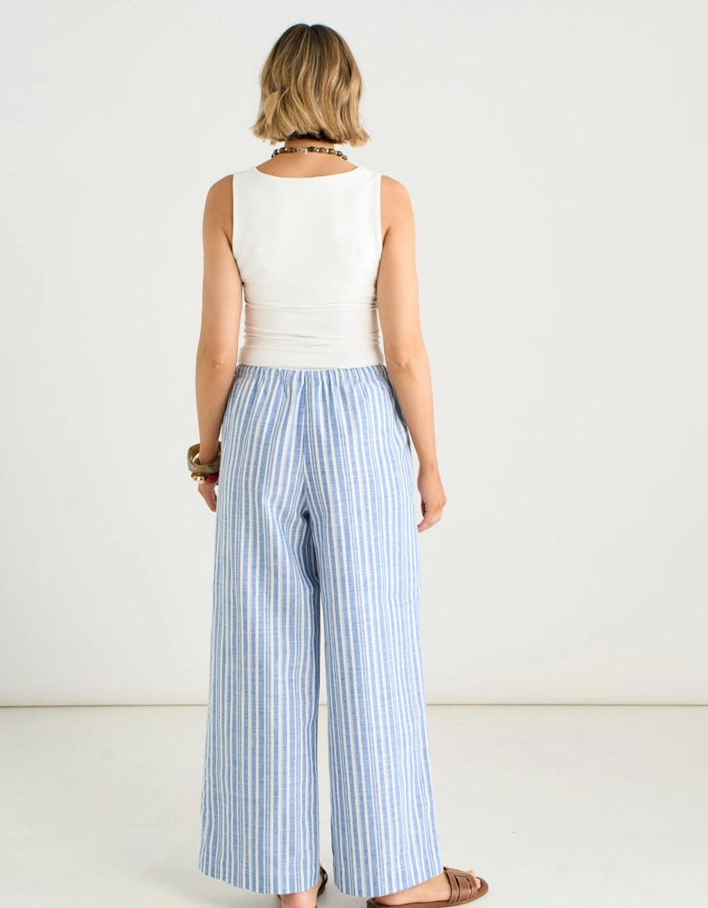 Blue Cotton and Linen Blend Stripe Trousers