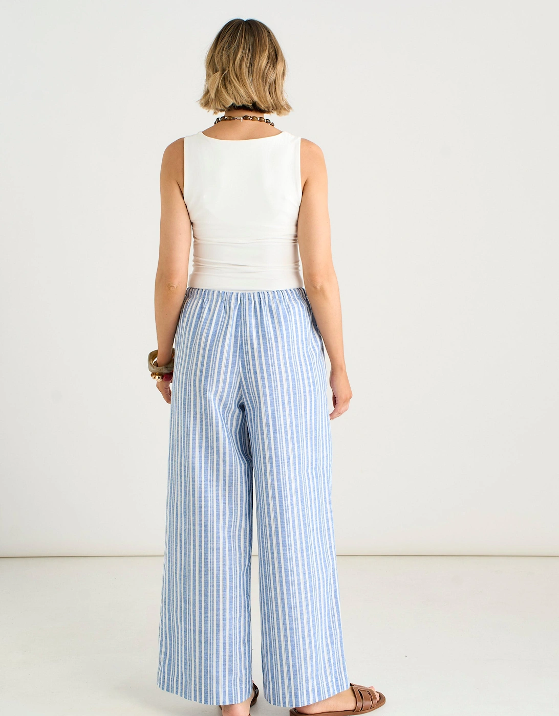 Blue Cotton and Linen Blend Stripe Trousers