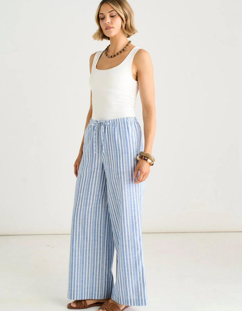 Blue Cotton and Linen Blend Stripe Trousers