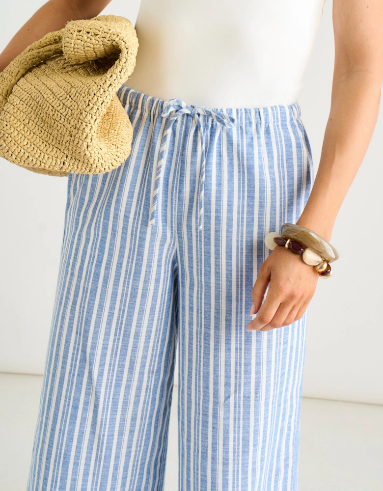 Blue Cotton and Linen Blend Stripe Trousers
