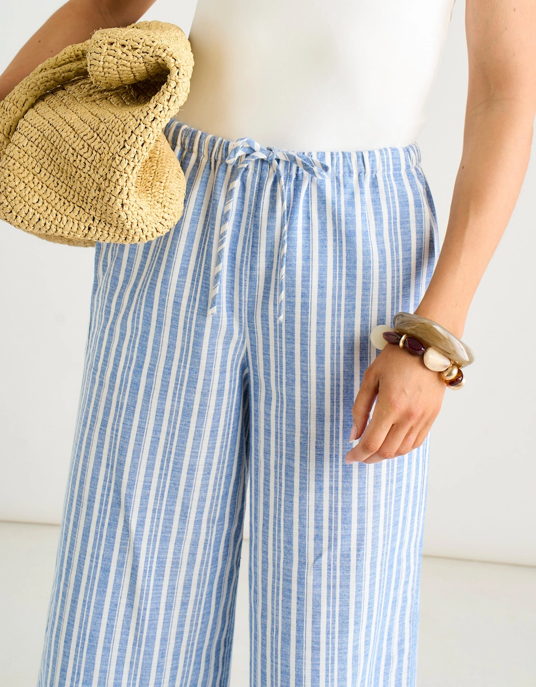 Blue Cotton and Linen Blend Stripe Trousers