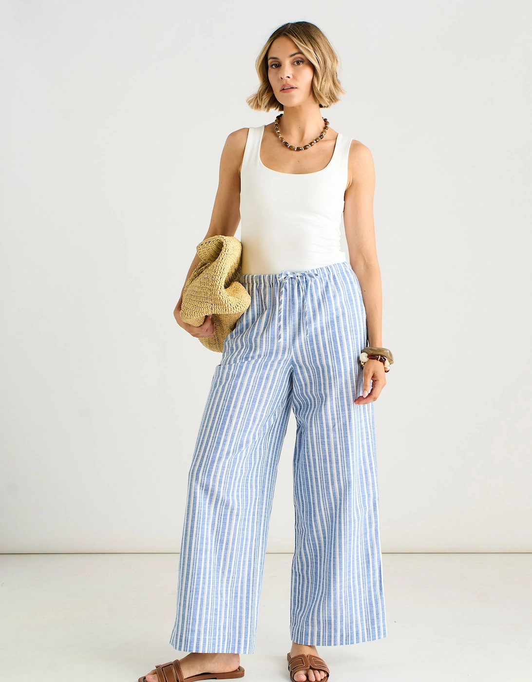 Blue Cotton and Linen Blend Stripe Trousers