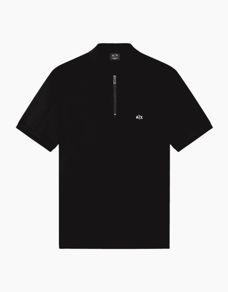 Slim Fit Stretch Technical Black Zip Polo Shirt