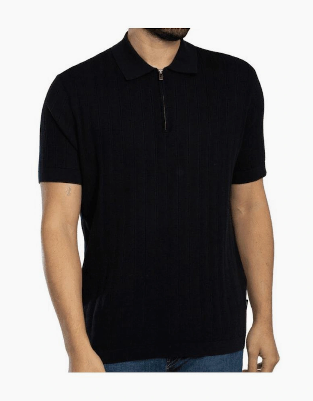 Regular Fit Textured Knitted Navy Zip Polo Shirt