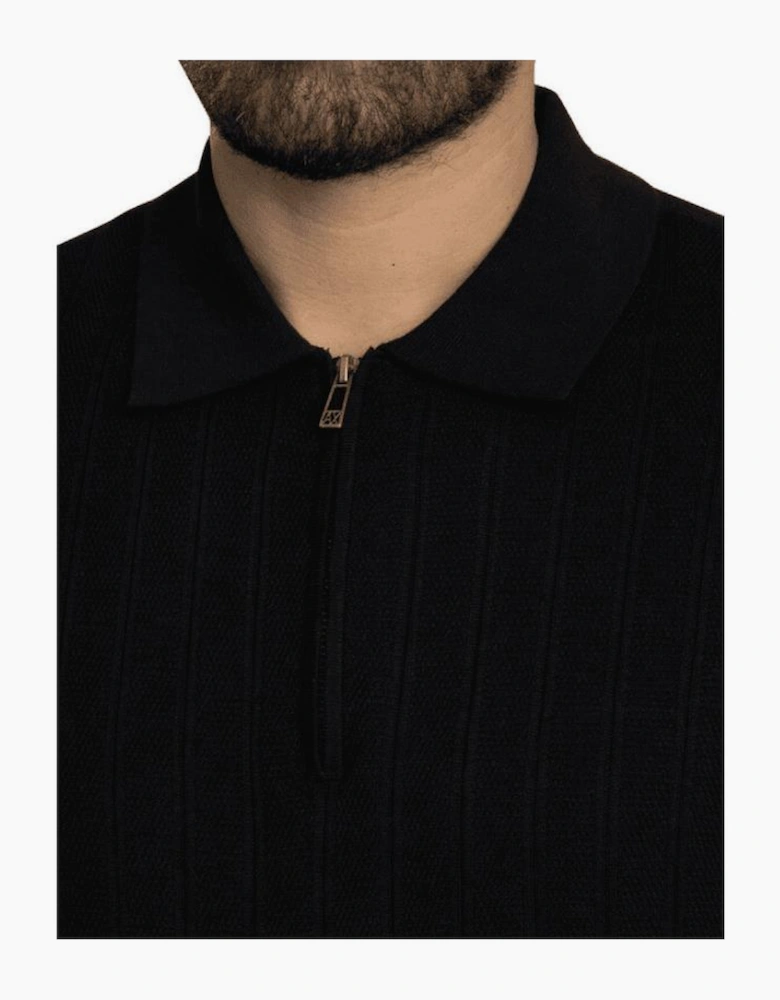 Regular Fit Textured Knitted Navy Zip Polo Shirt