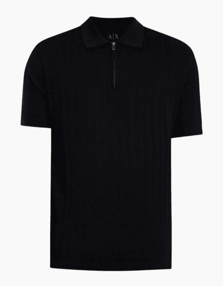 Regular Fit Textured Knitted Navy Zip Polo Shirt