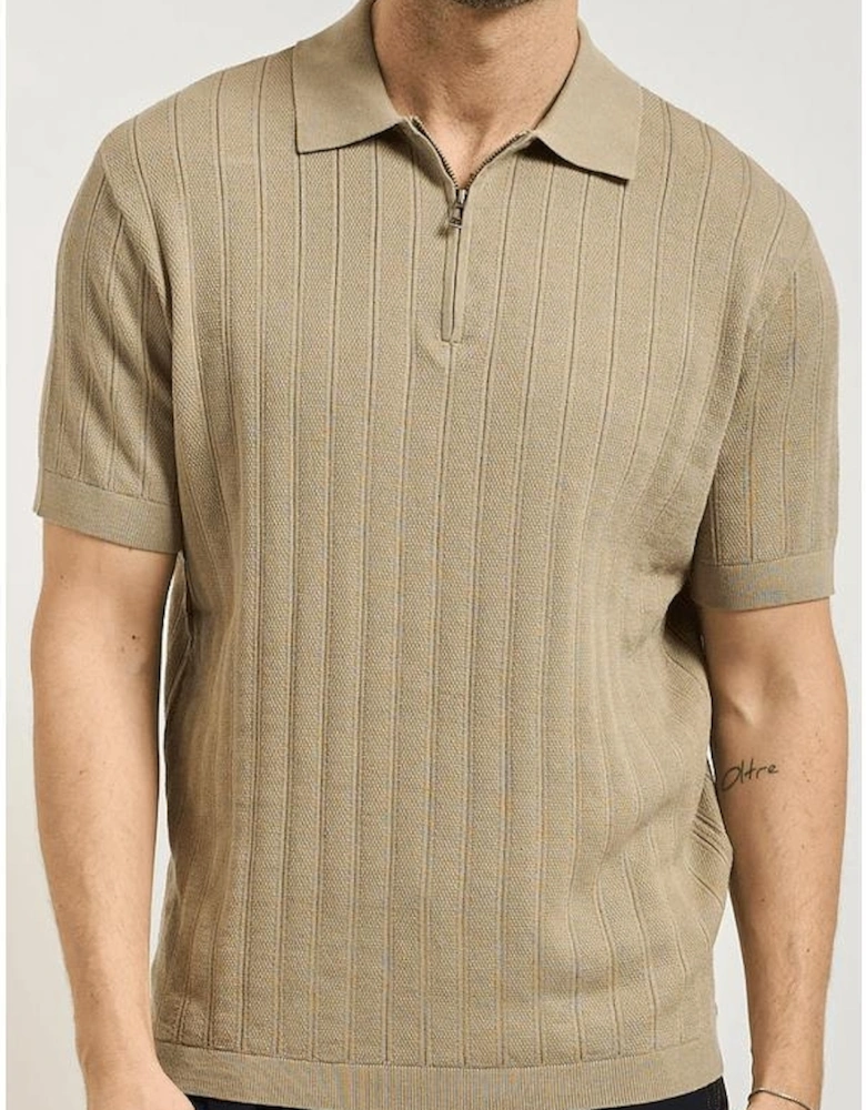 Regular Fit Textured Knitted Beige Zip Polo Shirt