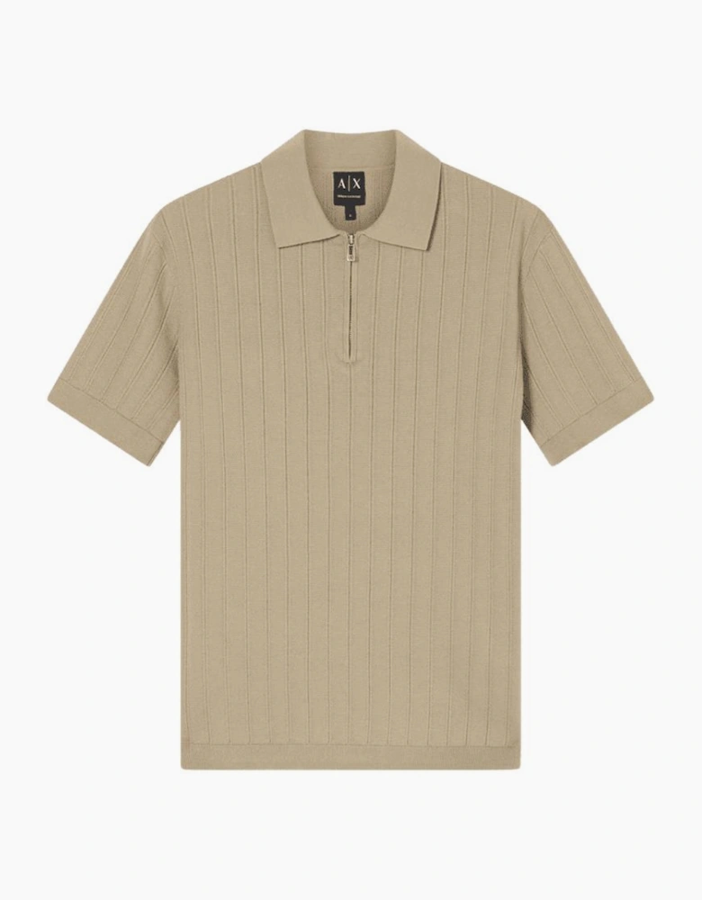 Regular Fit Textured Knitted Beige Zip Polo Shirt
