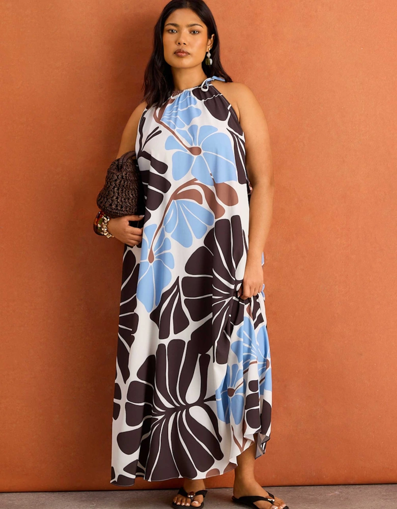 Brown And Blue Floral Print Halter Neck Maxi Dress