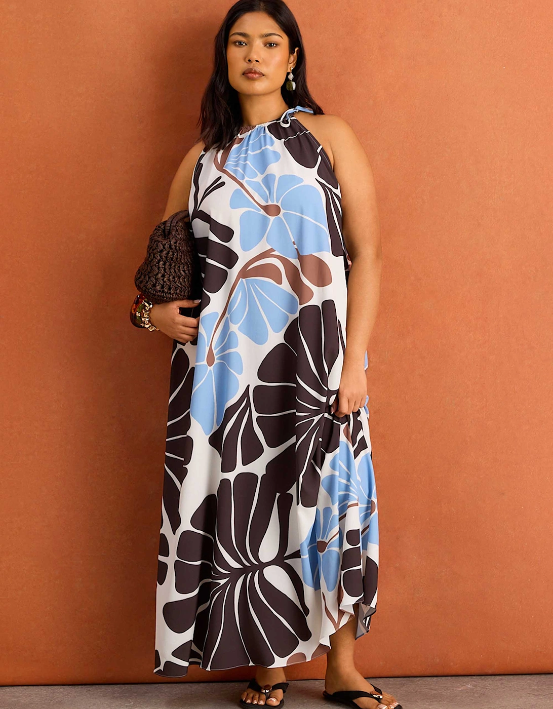 Brown And Blue Floral Print Halter Neck Maxi Dress