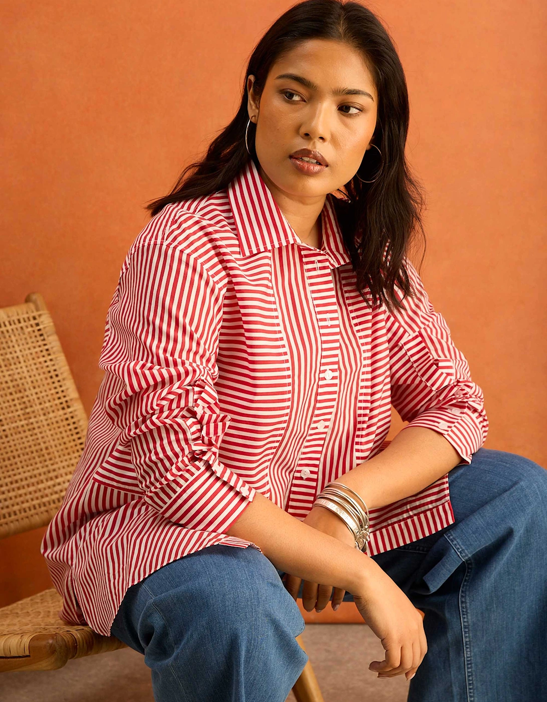 Live Unlimited London Live Unlimited London Women's Red Striped Tencel Blend Shirt