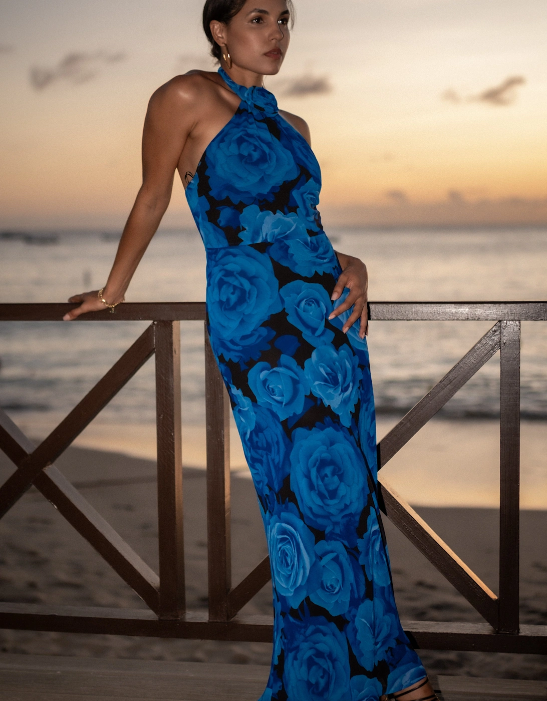Blue Floral Occasion Halter Maxi Dress