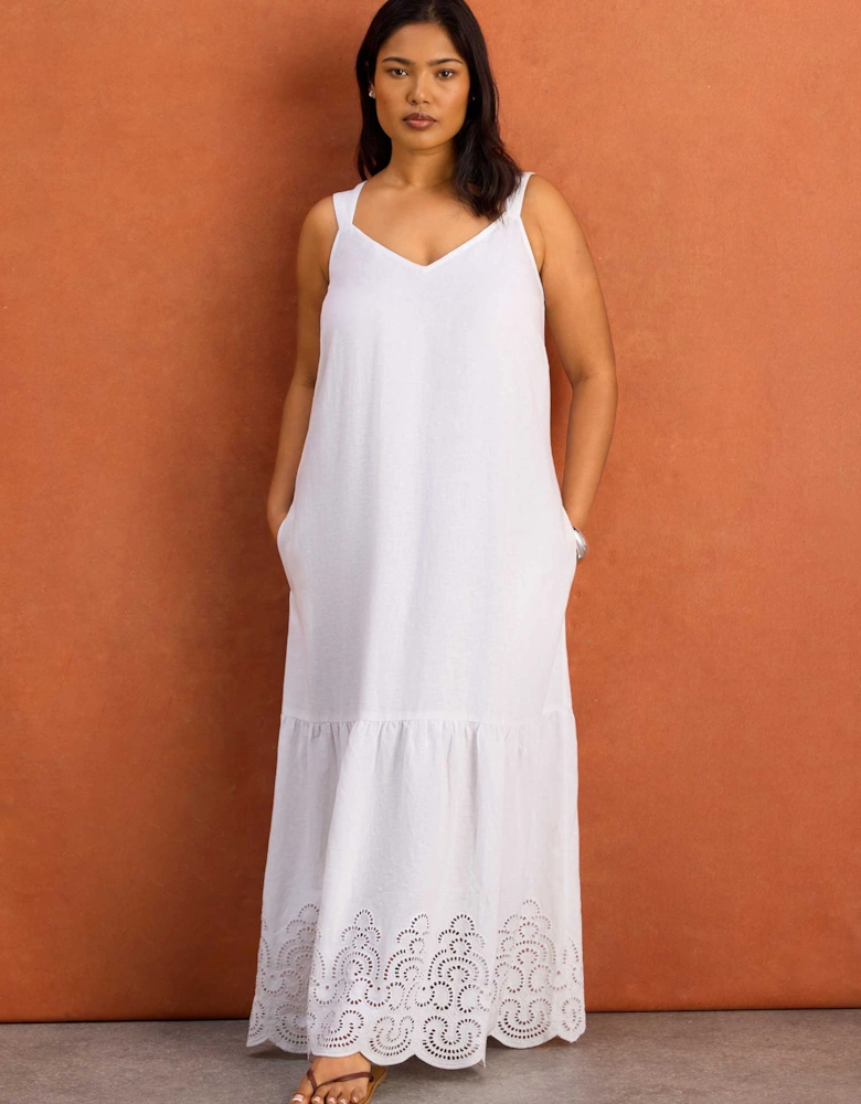 White Linen Blend Broderie Maxi Dress