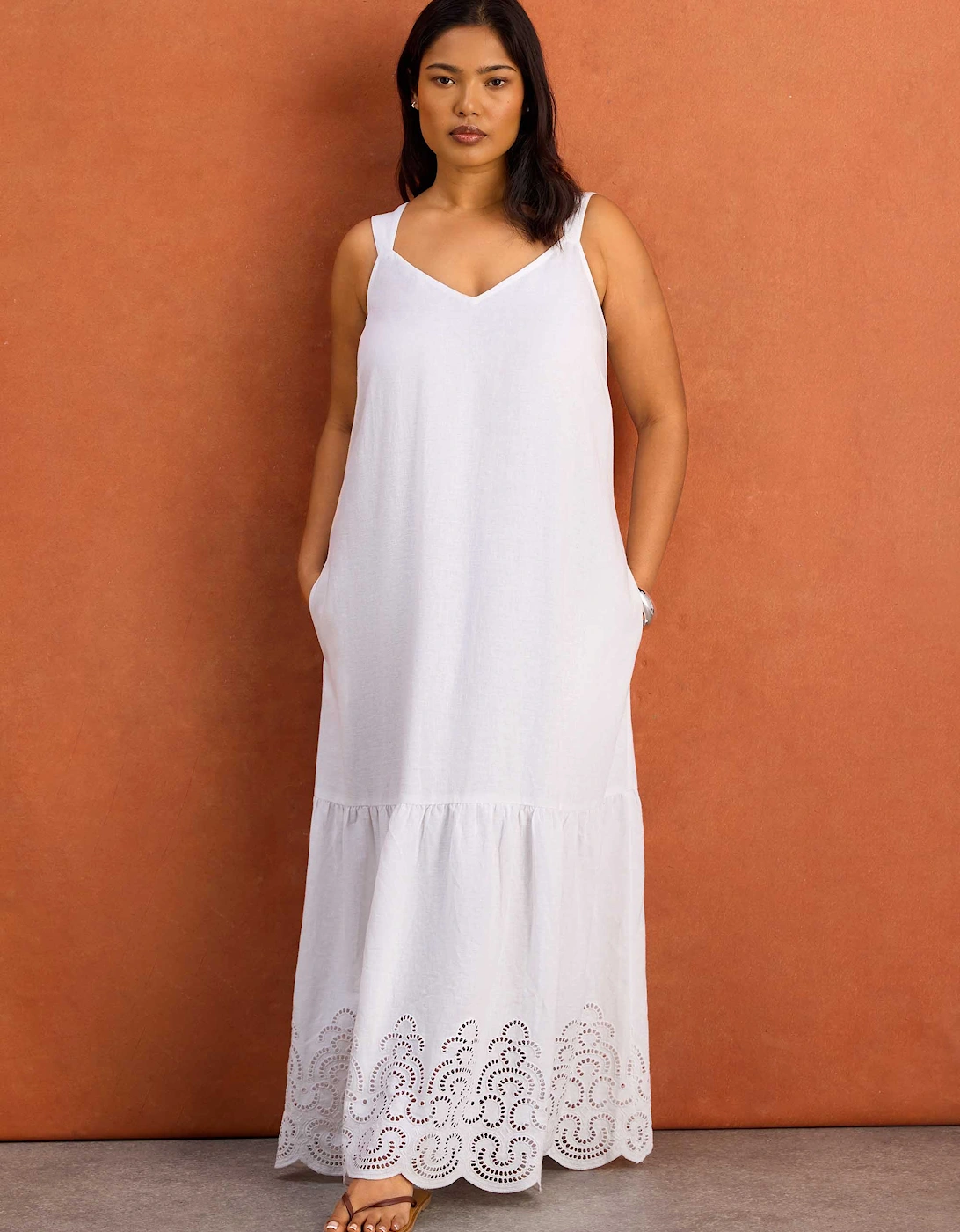 White Linen Blend Broderie Maxi Dress