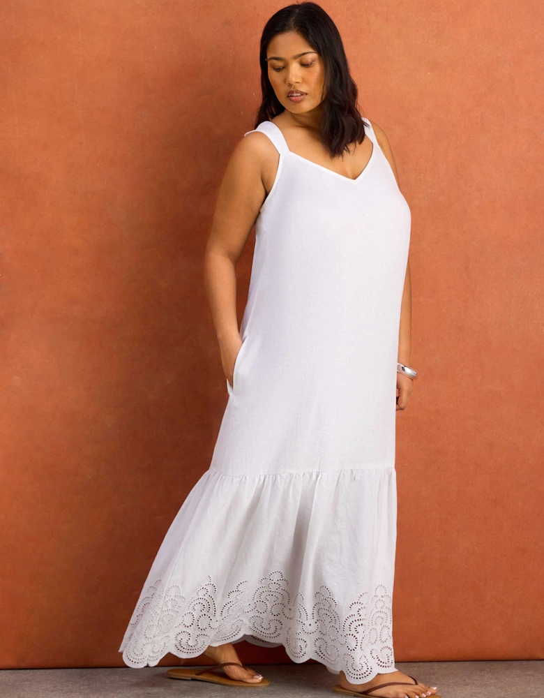 White Linen Blend Broderie Maxi Dress