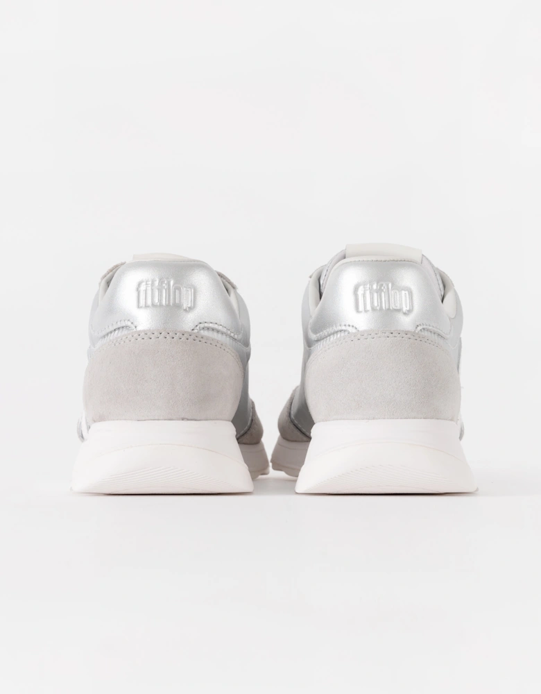 FitFlop Womens Retro-Q FF Metallic-Fabric/Suede Trainers - Silver/Urban White E11