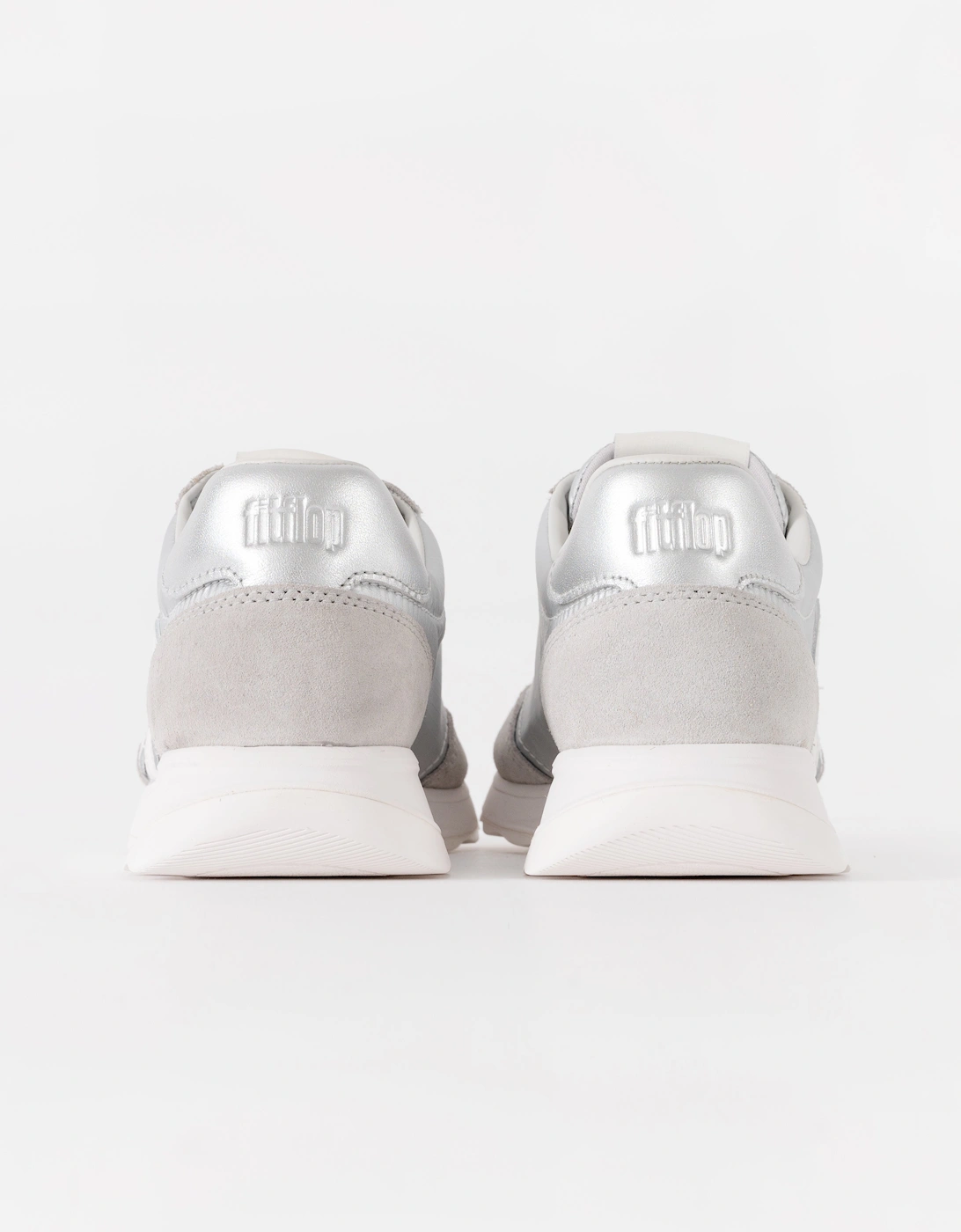 FitFlop Womens Retro-Q FF Metallic-Fabric/Suede Trainers - Silver/Urban White E11