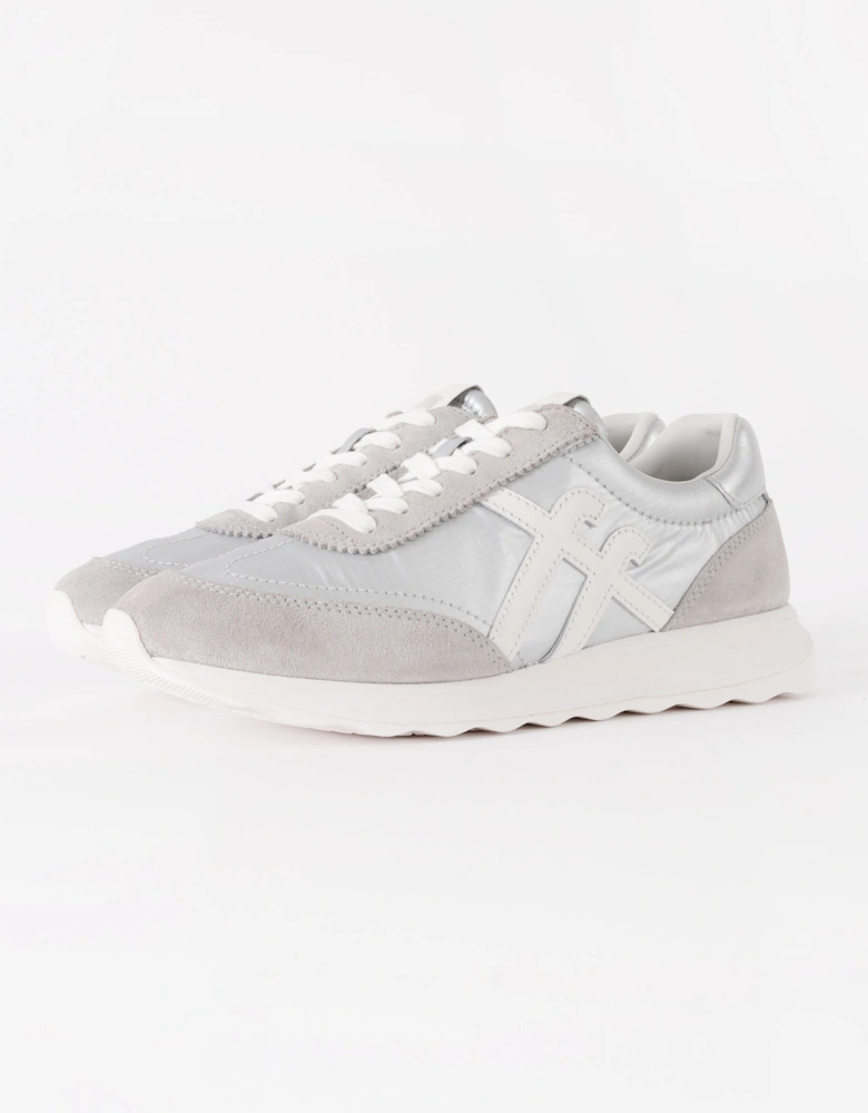 FitFlop Womens Retro-Q FF Metallic-Fabric/Suede Trainers - Silver/Urban White E11