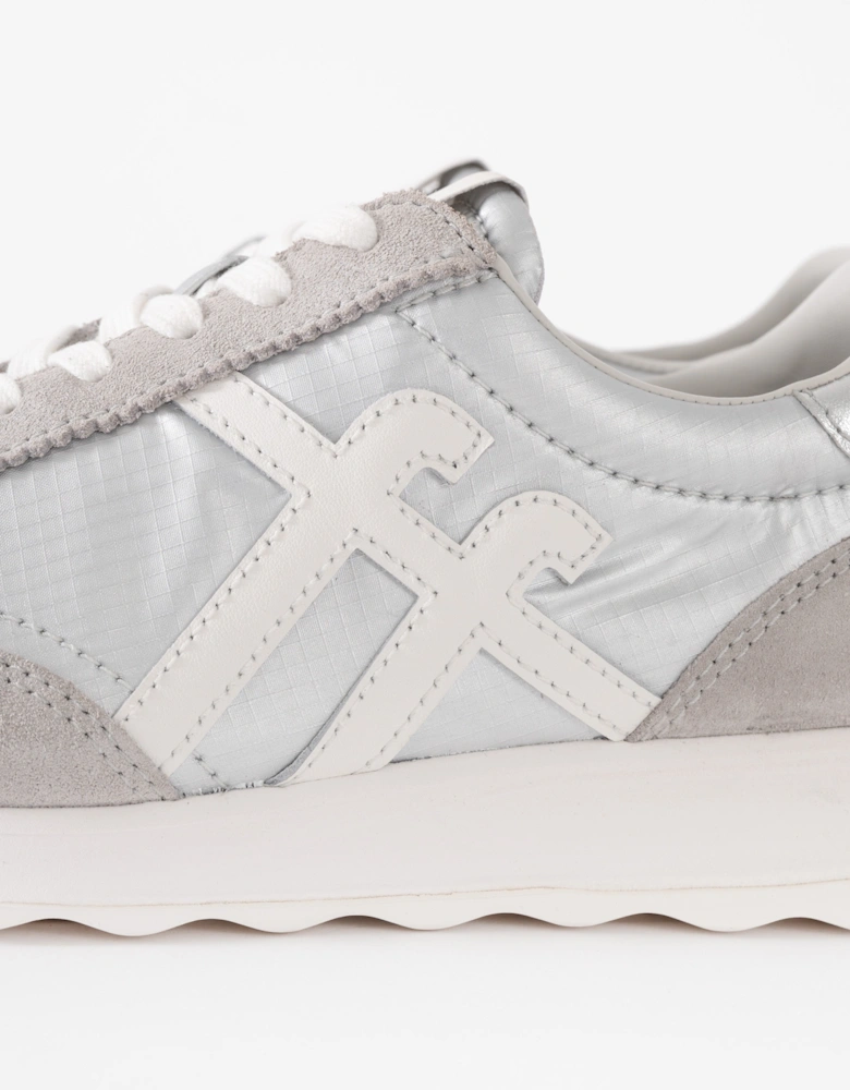 FitFlop Womens Retro-Q FF Metallic-Fabric/Suede Trainers - Silver/Urban White E11