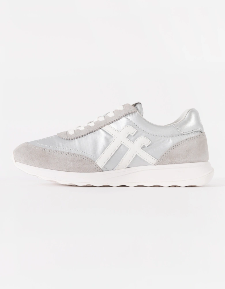 FitFlop Womens Retro-Q FF Metallic-Fabric/Suede Trainers - Silver/Urban White E11