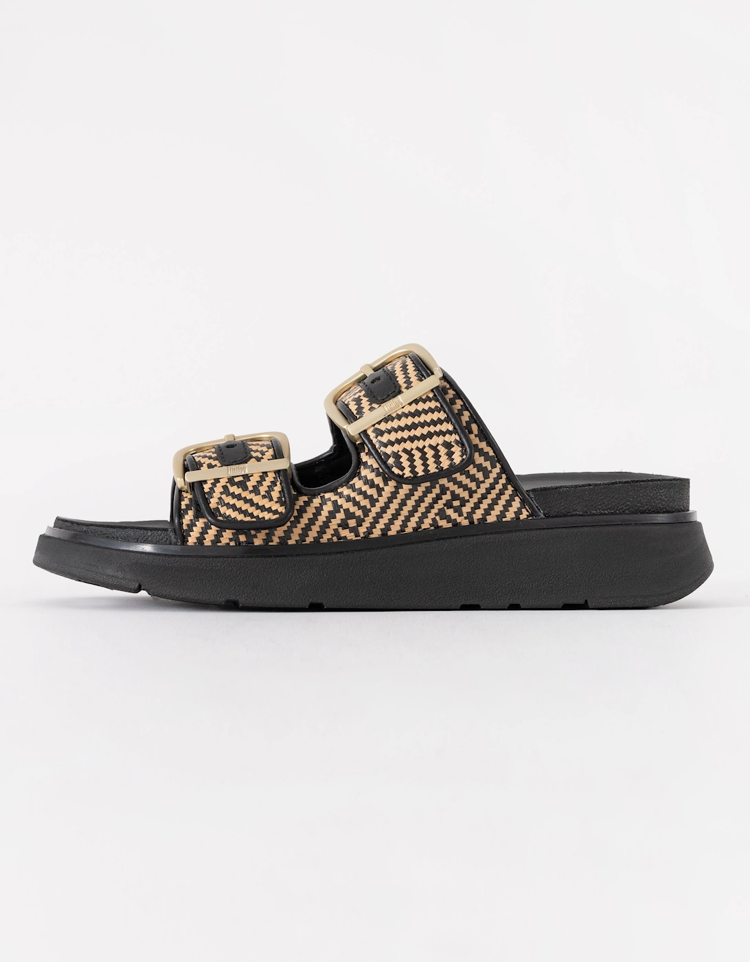 FitFlop Womens GEN-FF Buckle Graphic-Weave Two-Bar Slides - Black 001