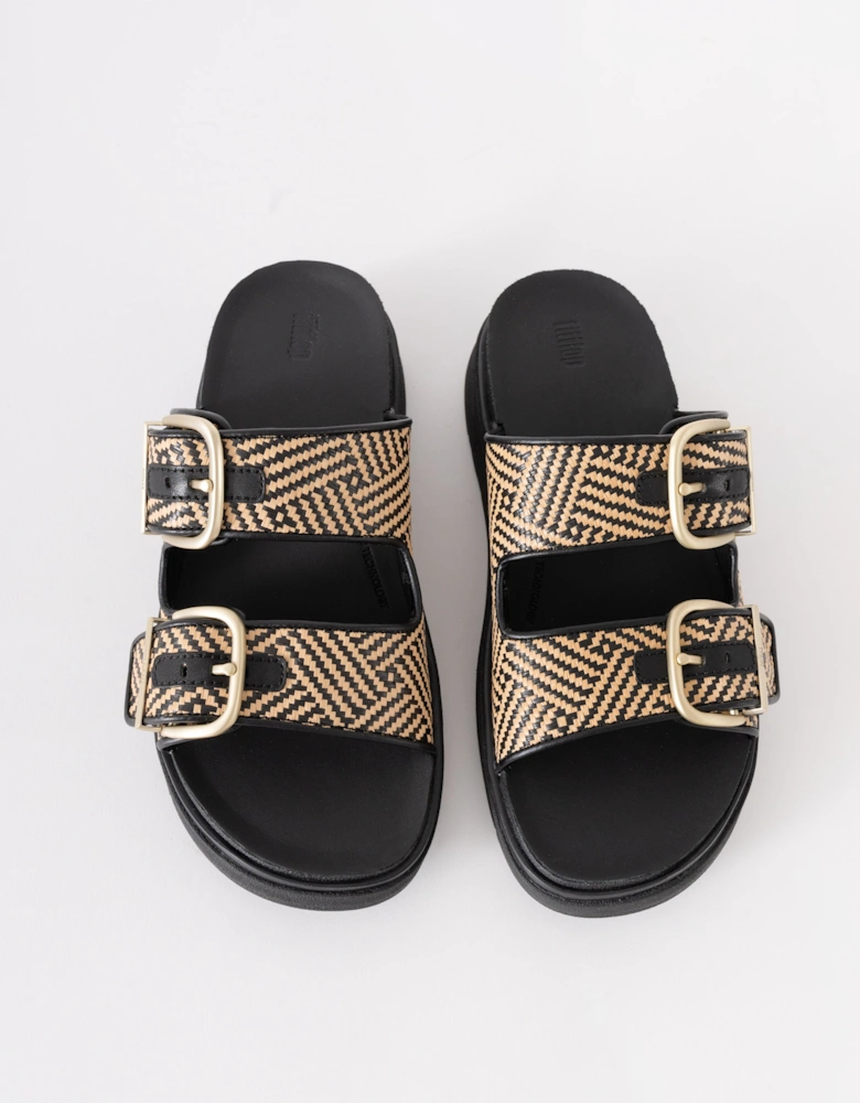 FitFlop Womens GEN-FF Buckle Graphic-Weave Two-Bar Slides - Black 001