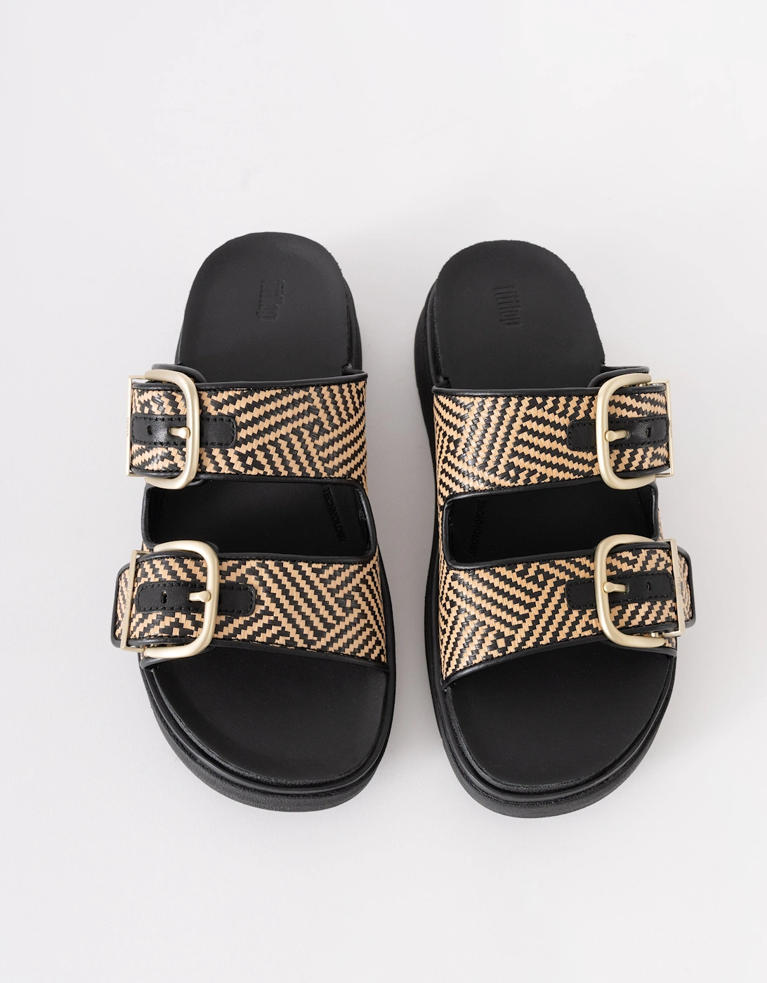 FitFlop Womens GEN-FF Buckle Graphic-Weave Two-Bar Slides - Black 001