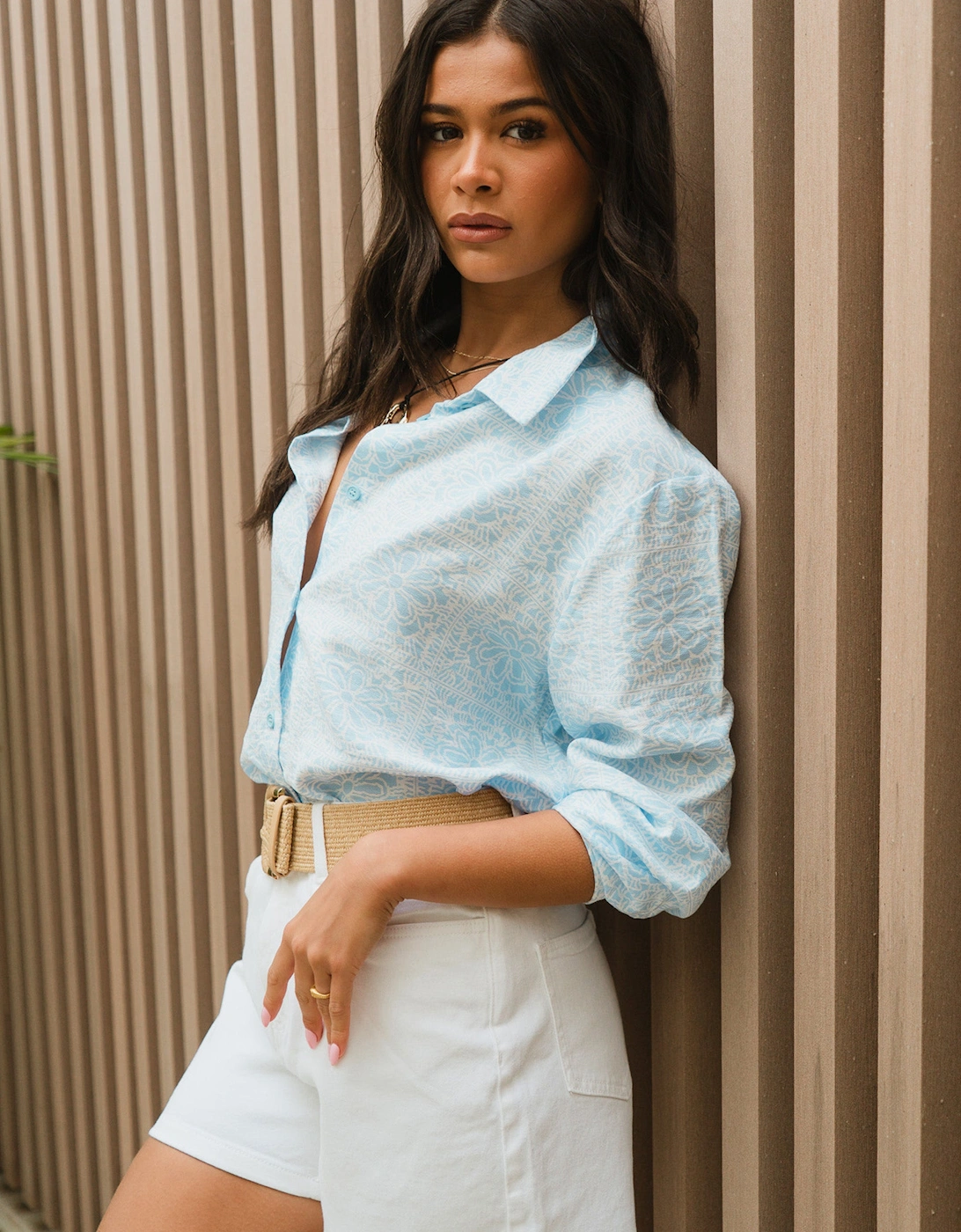 Cotton Mix Blue Tile Print Button-Through Shirt