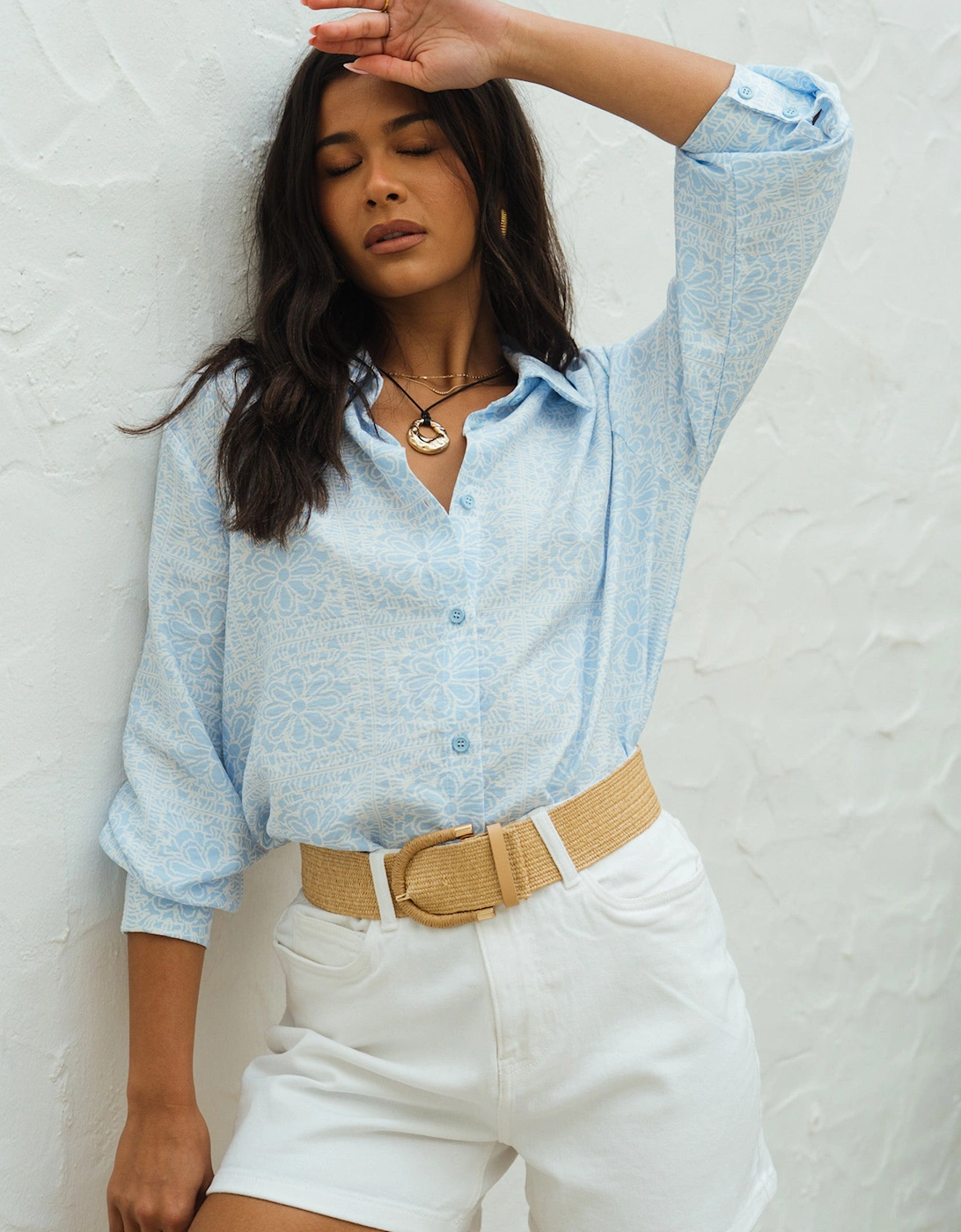 Cotton Mix Blue Tile Print Button-Through Shirt