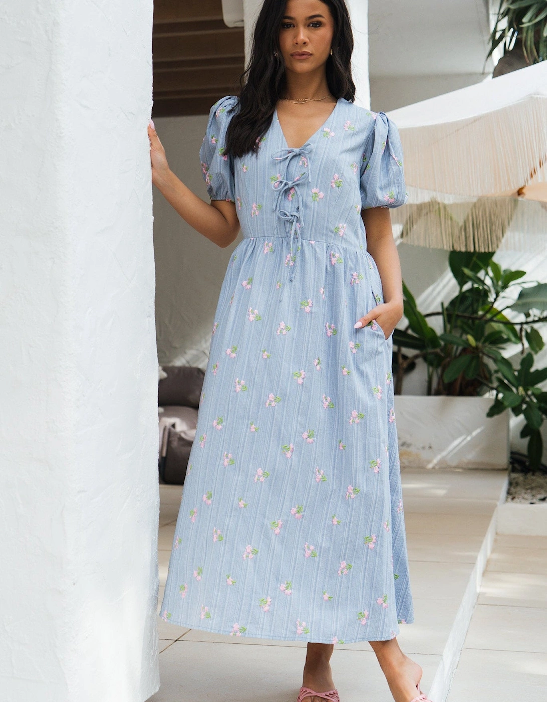 Gini London Women's Blue Cotton Mix Tie Detail Puff Sleeves Midi Dress - Size 8