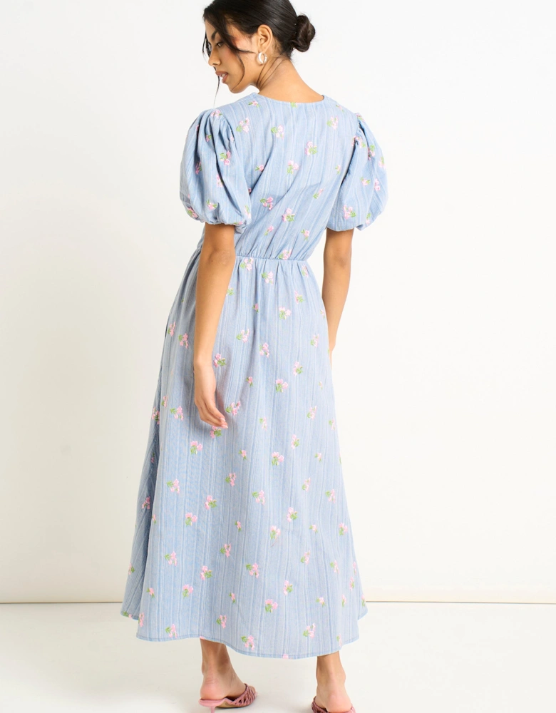 Blue Cotton Mix Tie Detail Puff Sleeves Midi Dress