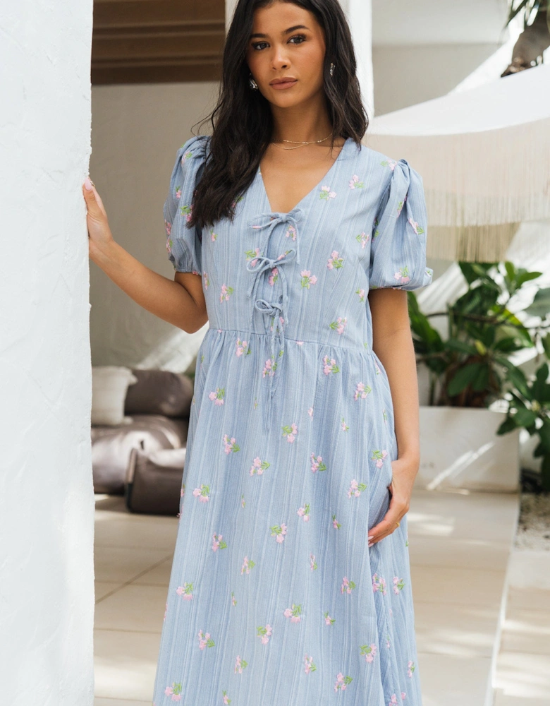 Blue Cotton Mix Tie Detail Puff Sleeves Midi Dress