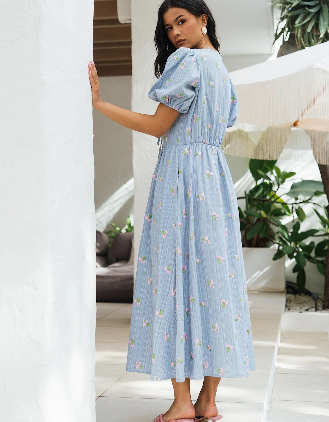 Blue Cotton Mix Tie Detail Puff Sleeves Midi Dress