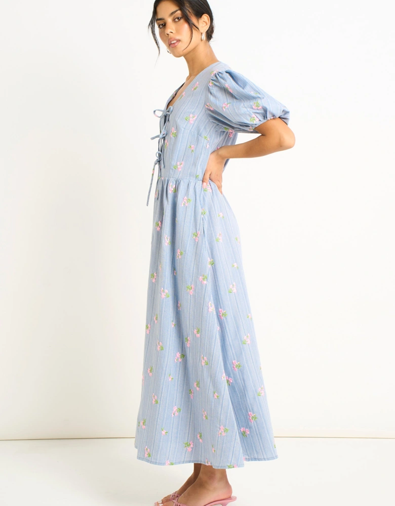 Blue Cotton Mix Tie Detail Puff Sleeves Midi Dress
