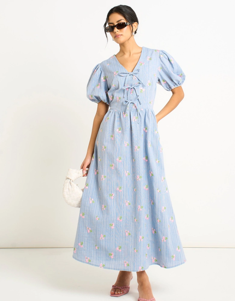 Blue Cotton Mix Tie Detail Puff Sleeves Midi Dress