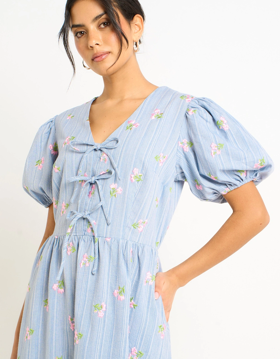 Blue Cotton Mix Tie Detail Puff Sleeves Midi Dress