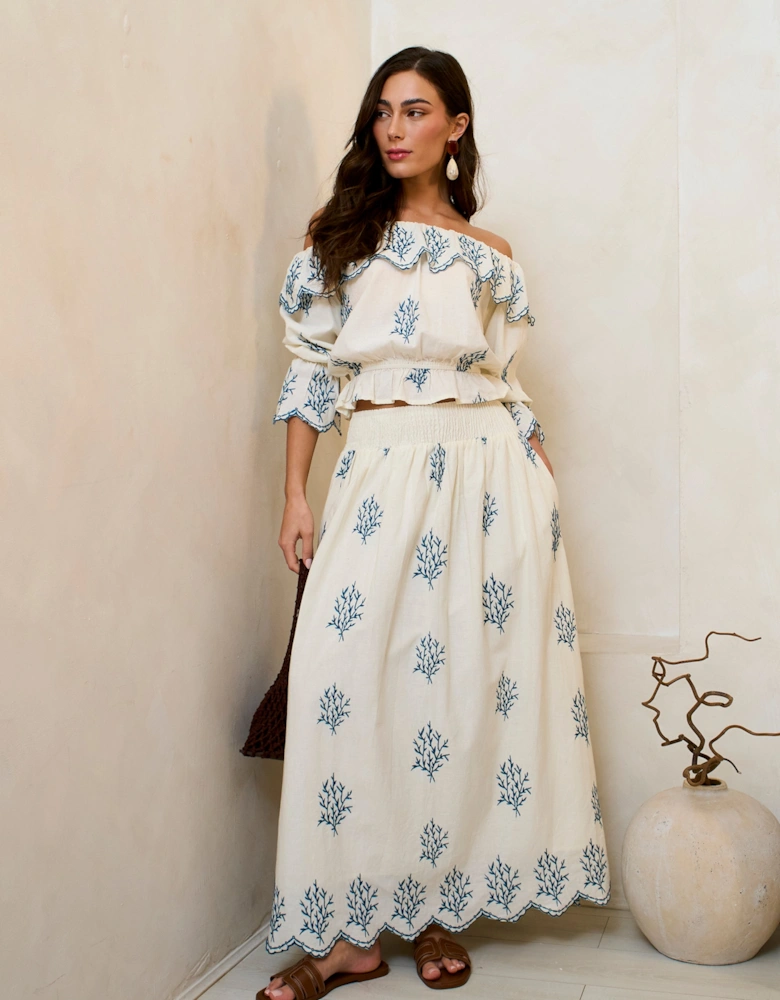 Marshmallow Cotton Embroidered Skater Maxi Skirt