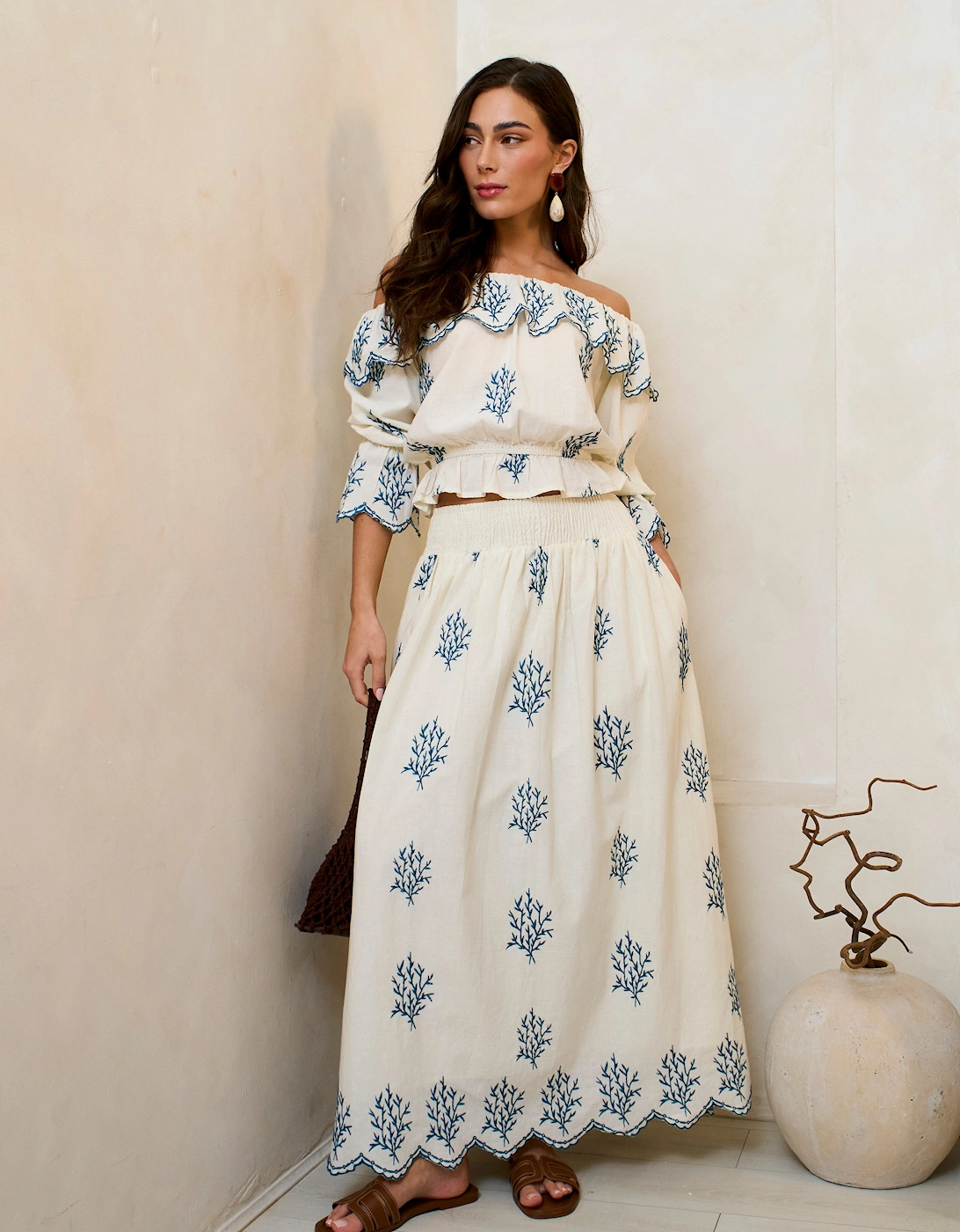 Marshmallow Cotton Embroidered Skater Maxi Skirt