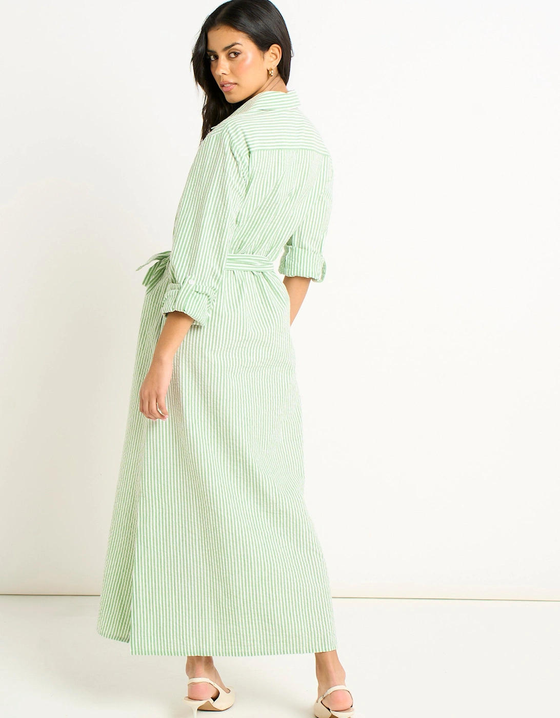 Green Long Sleeves Seersucker Stripe Shirt Dress