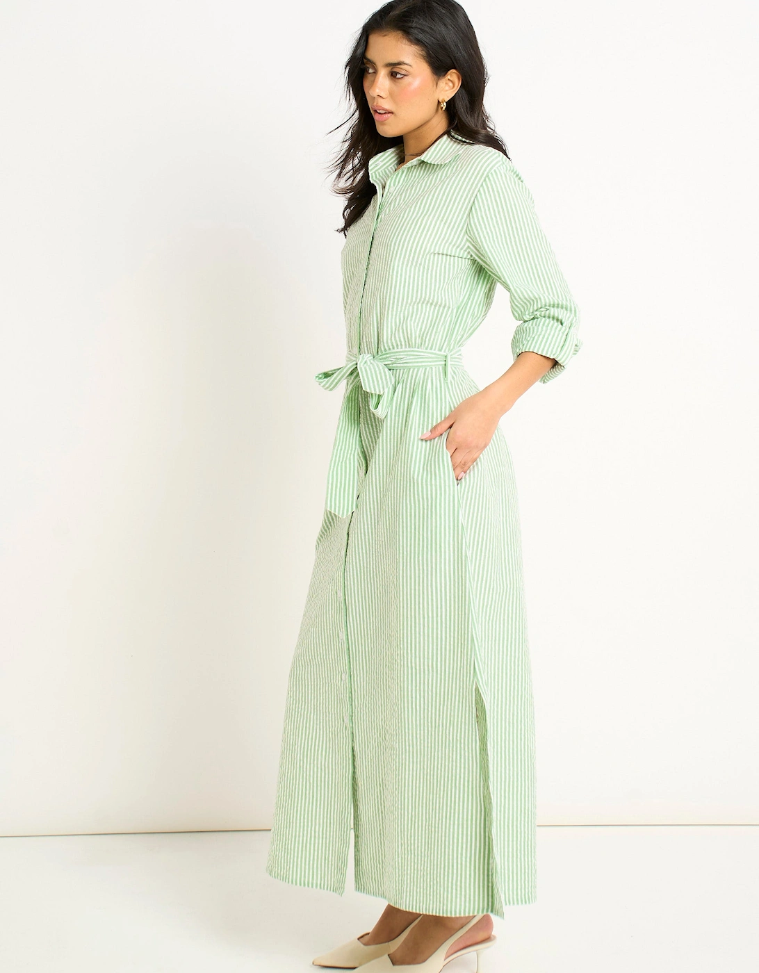 Green Long Sleeves Seersucker Stripe Shirt Dress