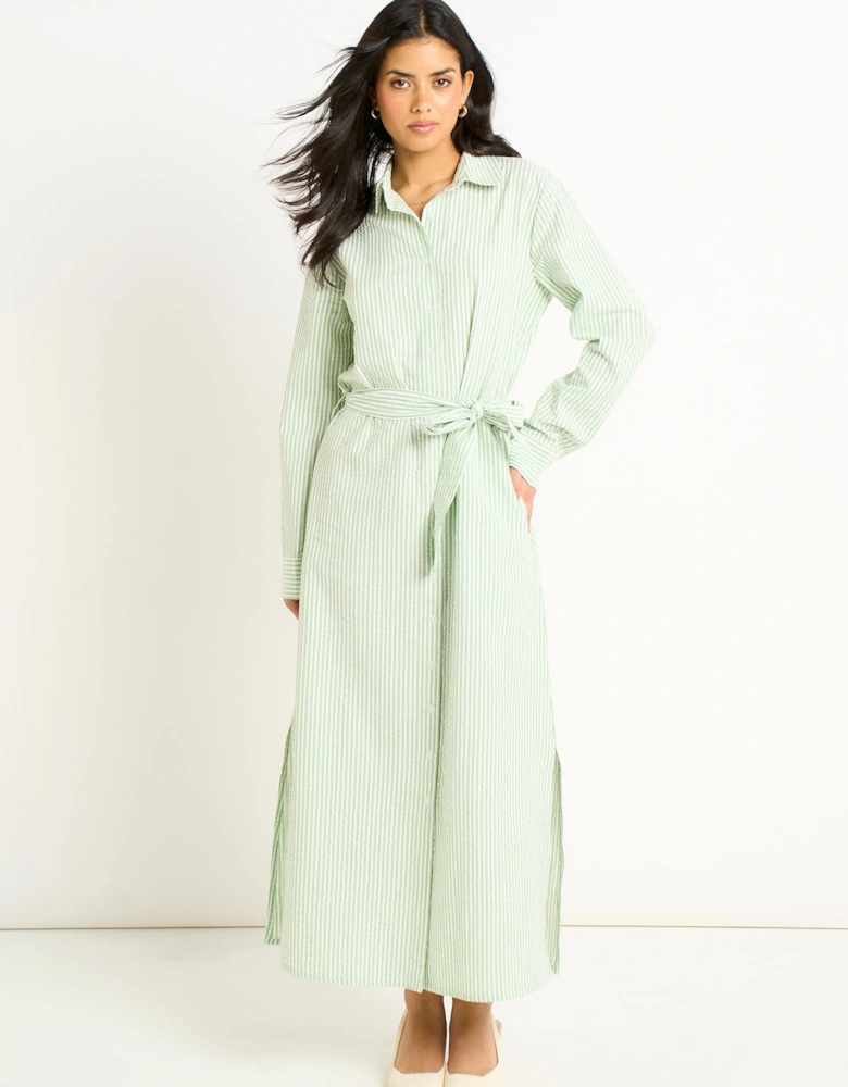 Green Long Sleeves Seersucker Stripe Shirt Dress
