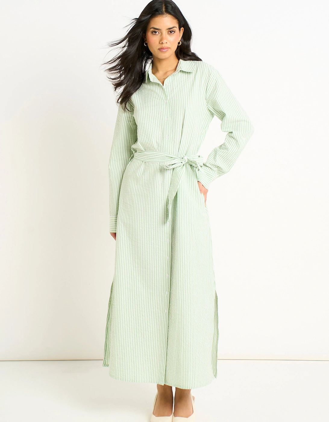 Green Long Sleeves Seersucker Stripe Shirt Dress