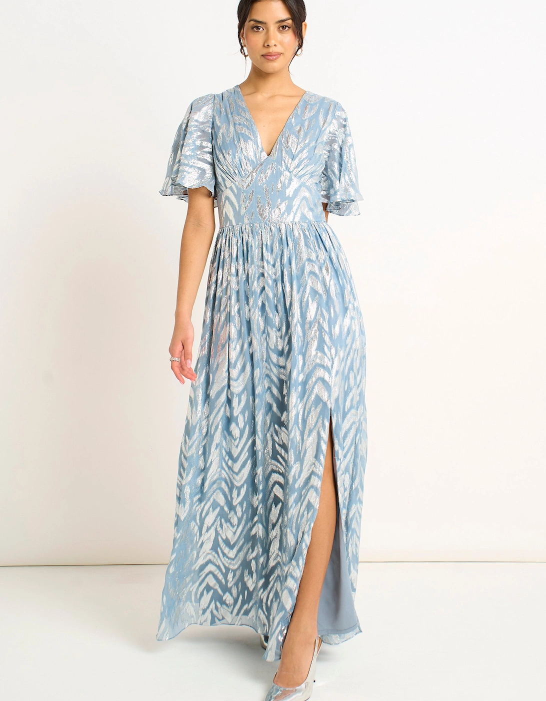 Blue Flowy Abstract Print Slit Maxi Dress