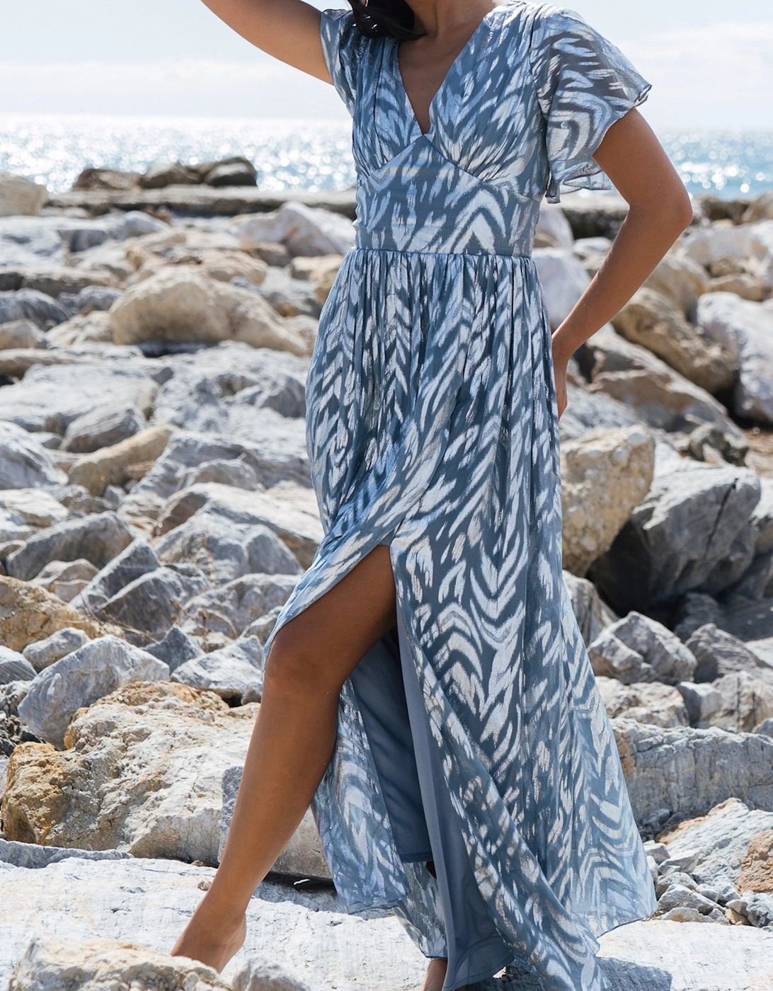 Blue Flowy Abstract Print Slit Maxi Dress
