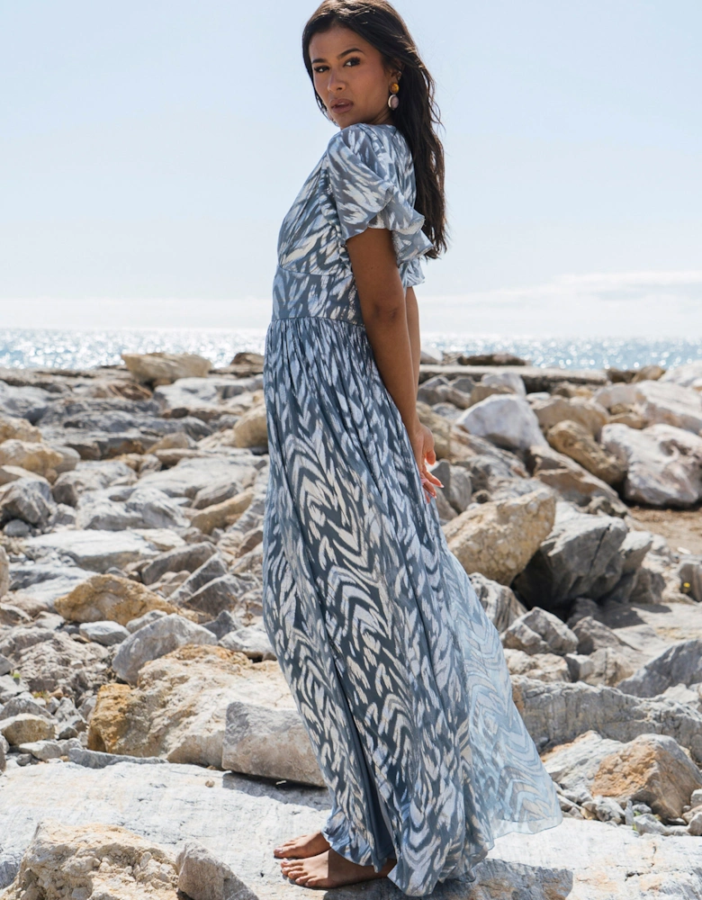 Blue Flowy Abstract Print Slit Maxi Dress