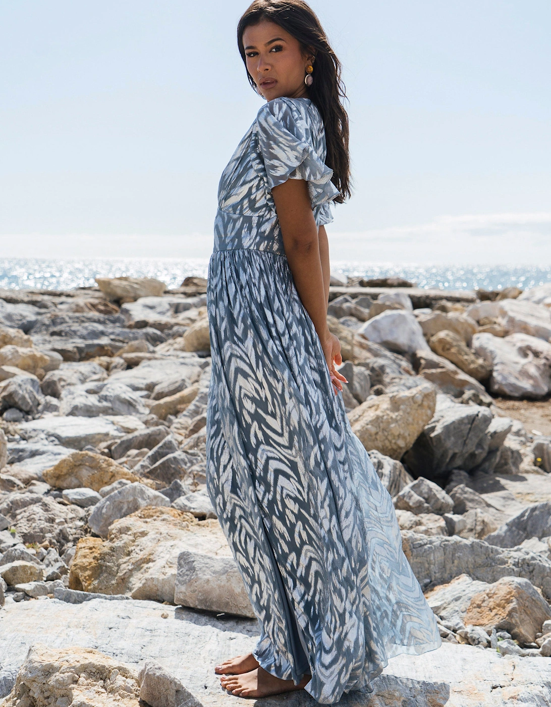 Blue Flowy Abstract Print Slit Maxi Dress