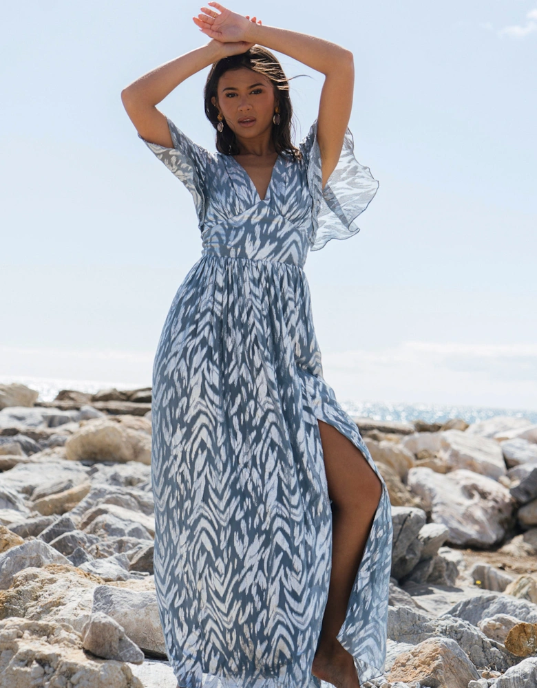 Blue Flowy Abstract Print Slit Maxi Dress