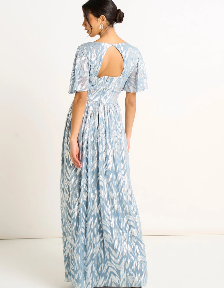 Blue Flowy Abstract Print Slit Maxi Dress