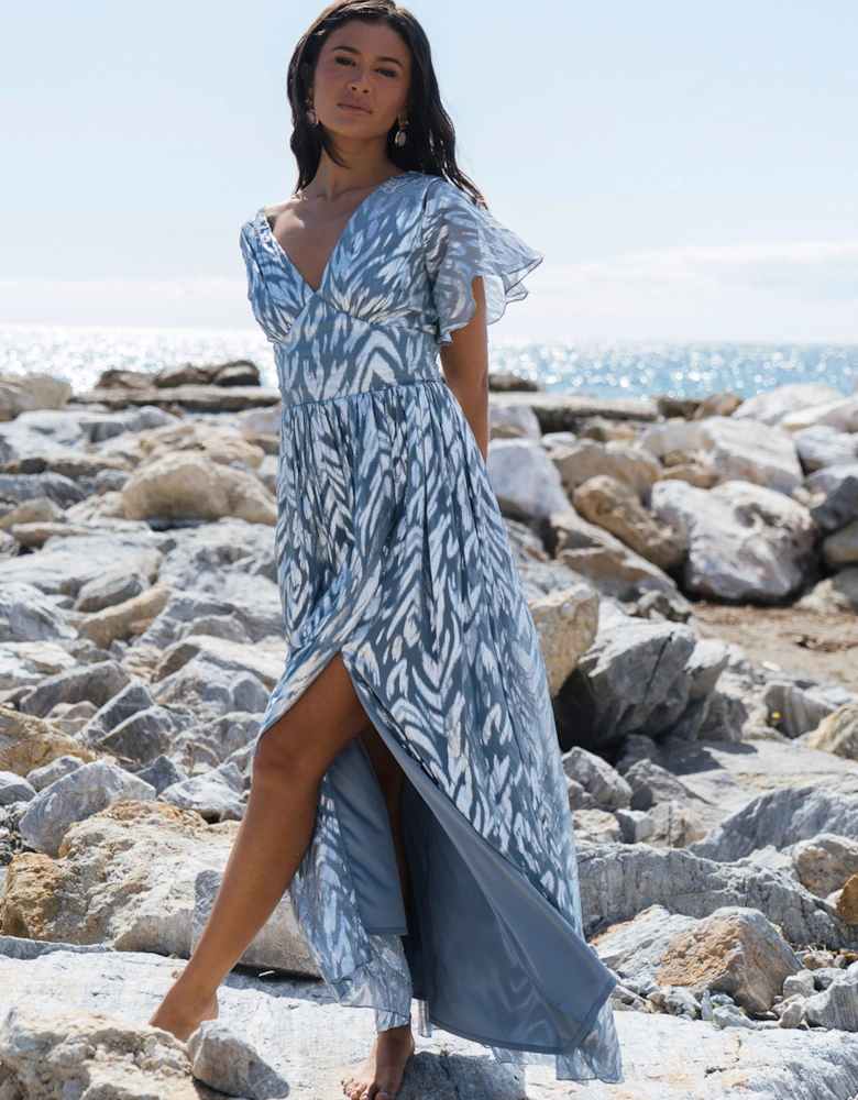 Blue Flowy Abstract Print Slit Maxi Dress